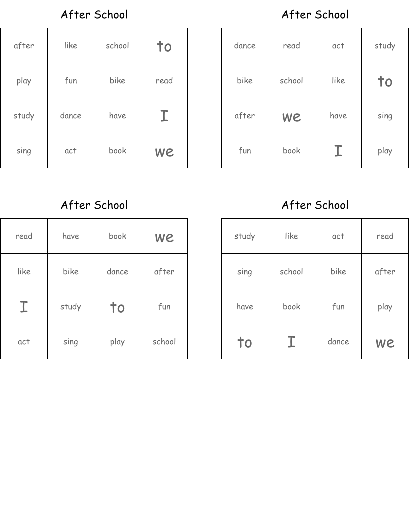 After School Bingo Cards