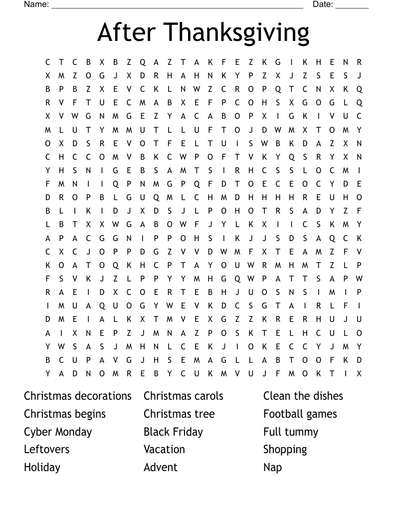 After Thanksgiving Word Search