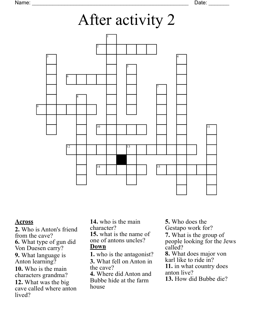 After activity 2 Crossword