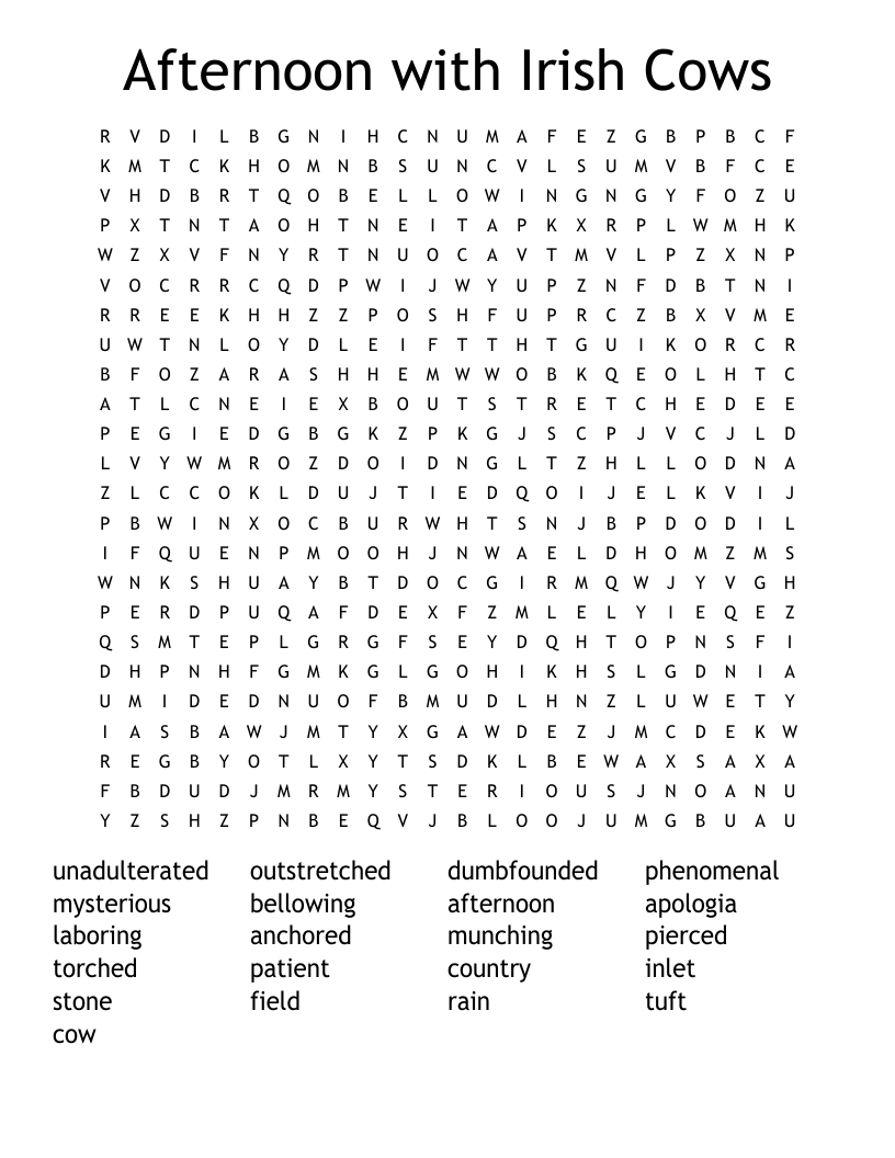 Afternoon with Irish Cows Word Search