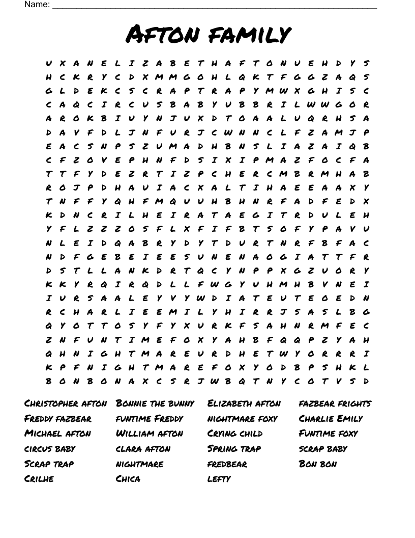 Afton family  Word Search