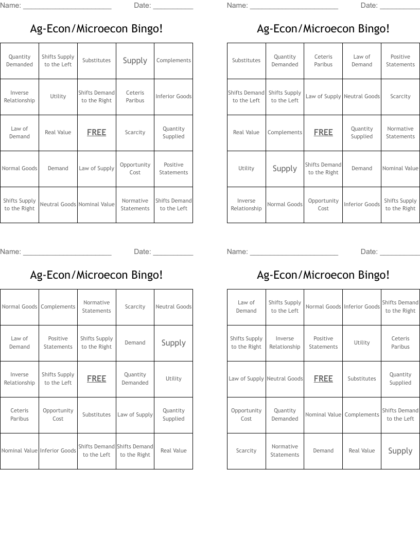 Ag-Econ/Microecon Bingo!