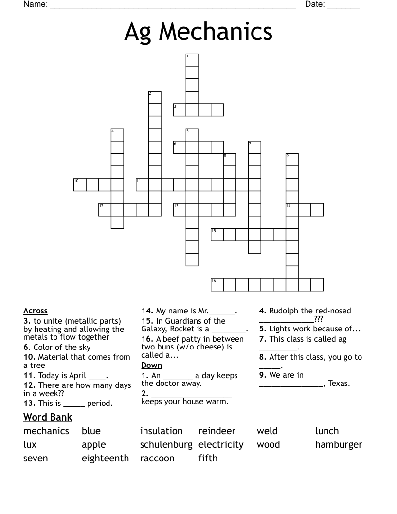 Ag Mechanics Crossword