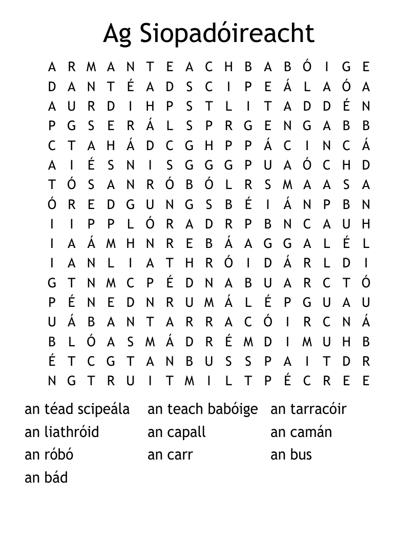 Ag Siopadóireacht Word Search