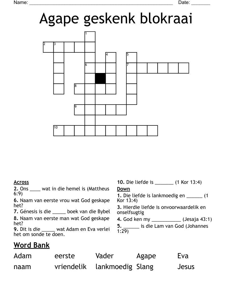 Agape geskenk blokraai Crossword