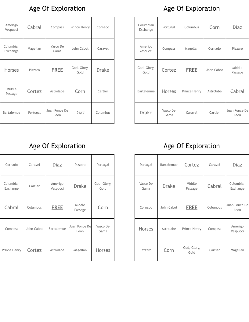Age Of Exploration Bingo Cards