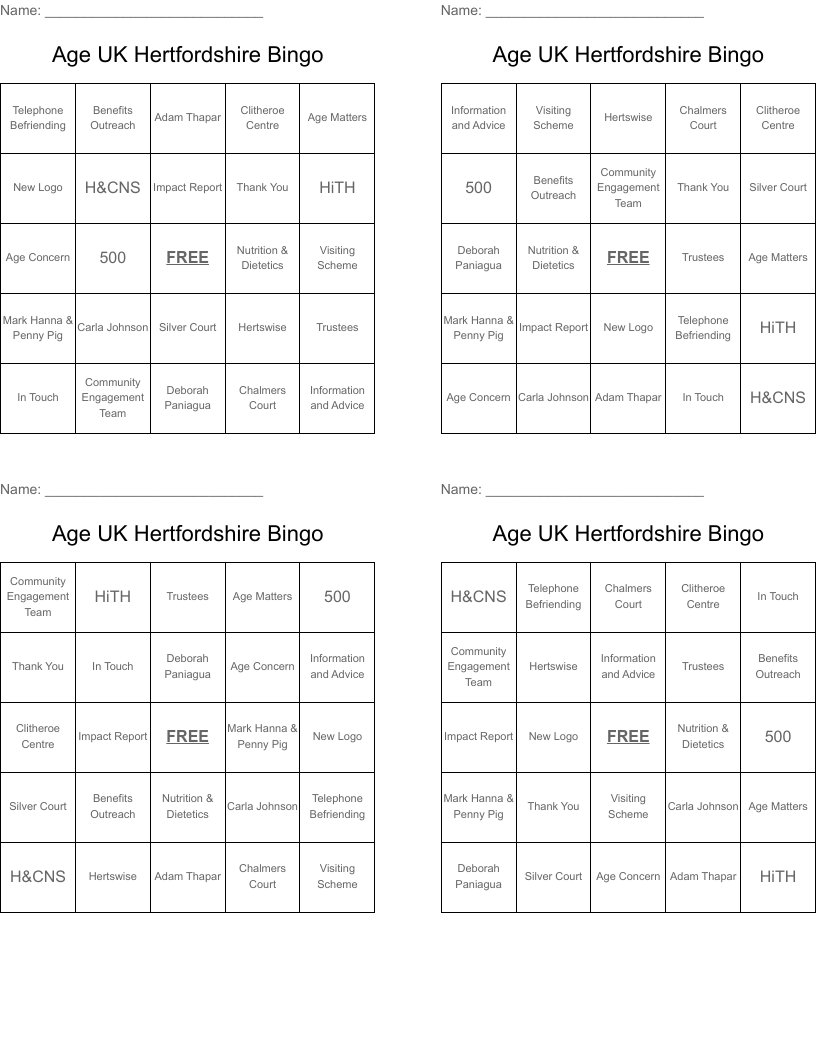 Age UK Hertfordshire Bingo
