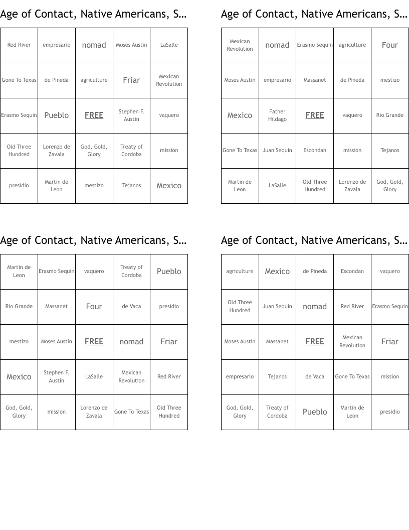 Age of Contact, Native Americans, Spanish Colonial Era, Mexican National Era Bingo Cards