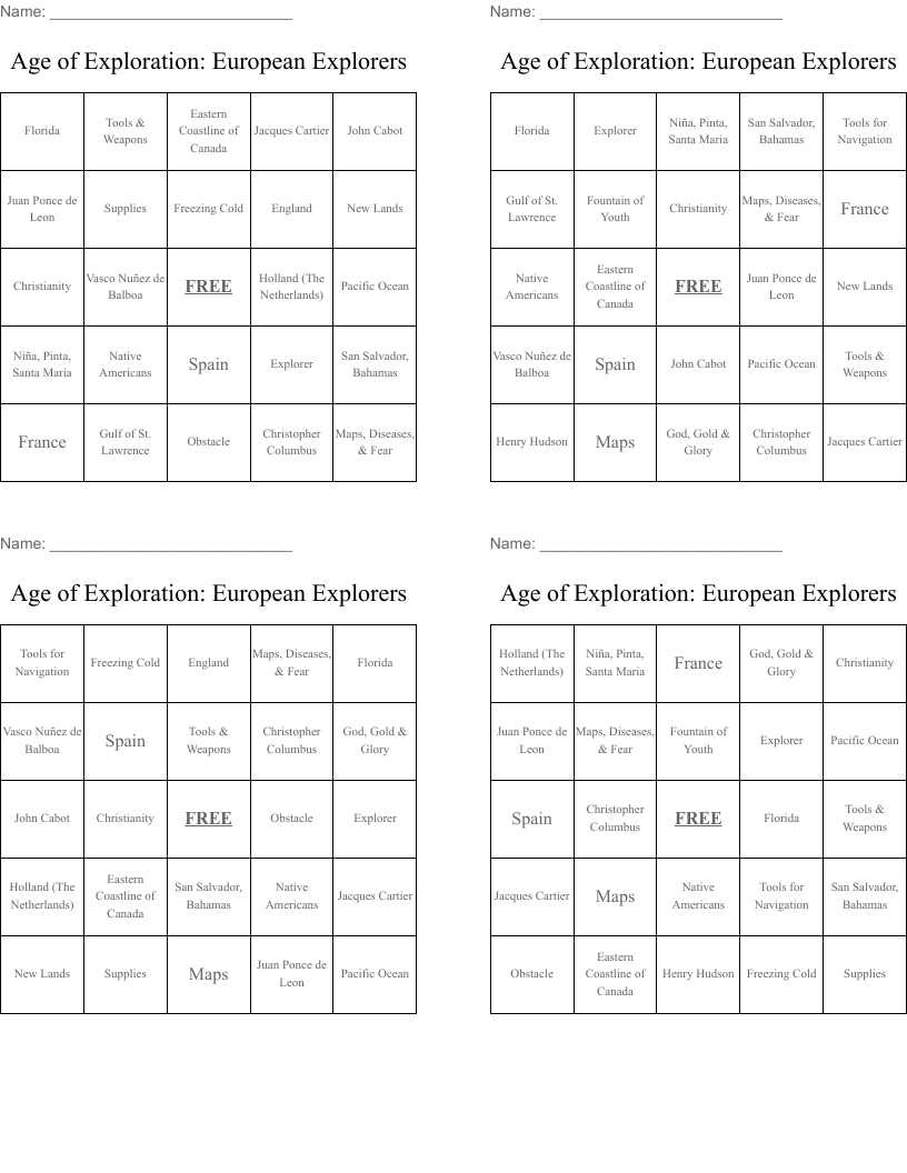 Age of Exploration: European Explorers Bingo Cards