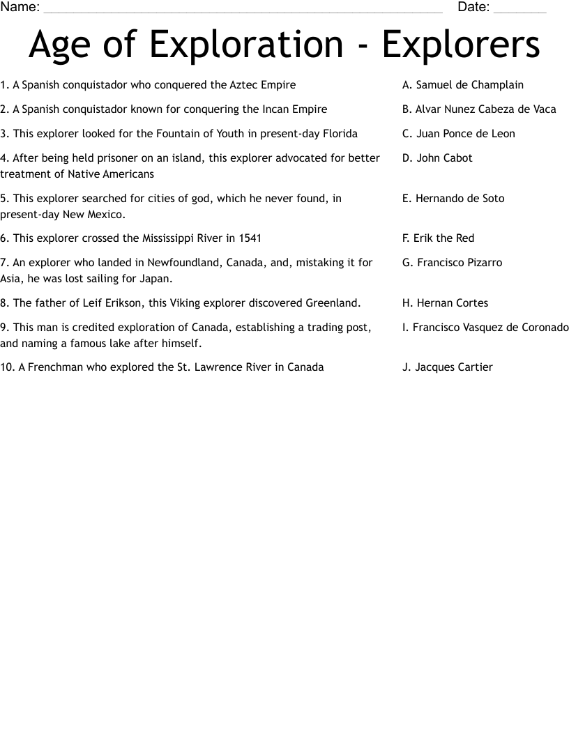 Age of Exploration - Explorers Worksheet