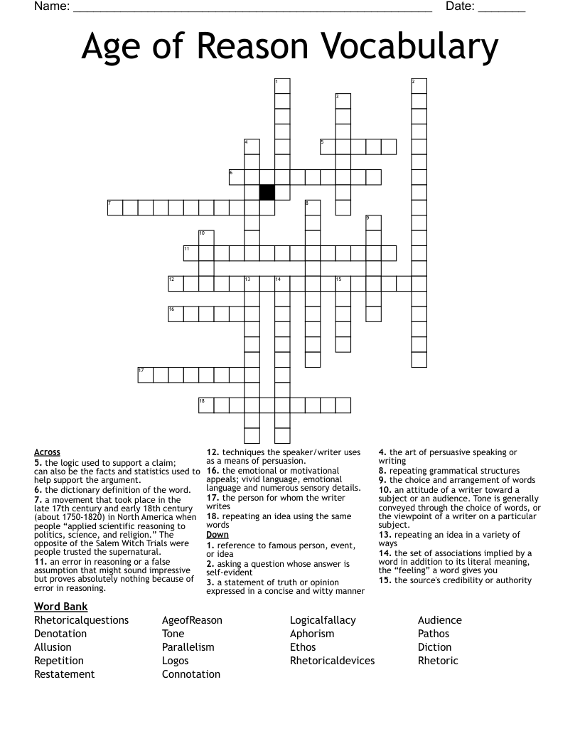 Age of Reason Vocabulary Crossword