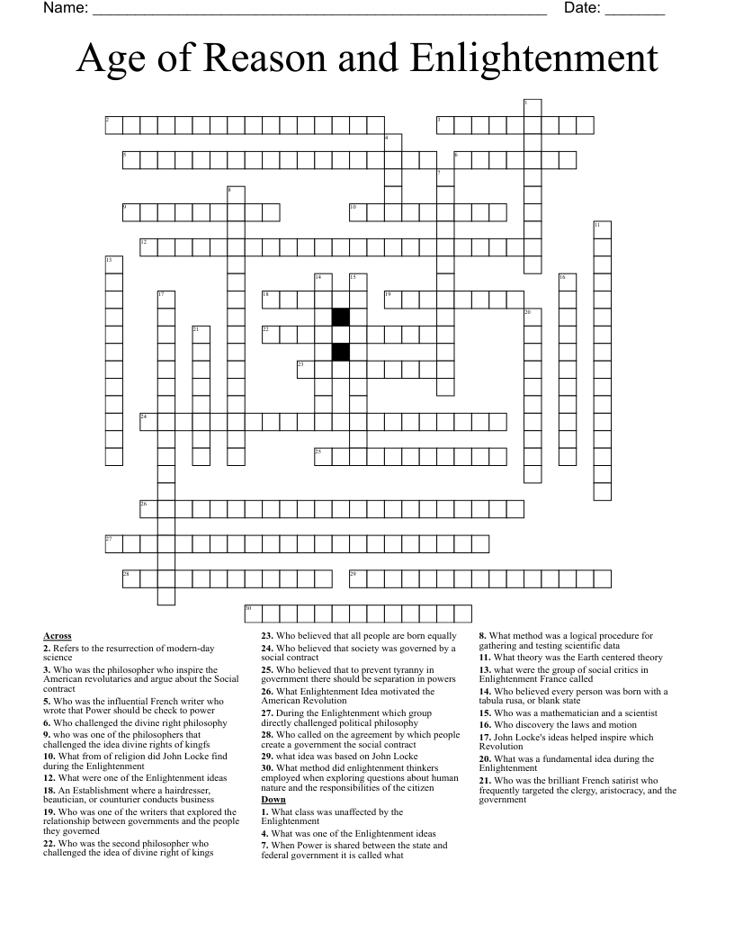 Age of Reason and Enlightenment Crossword
