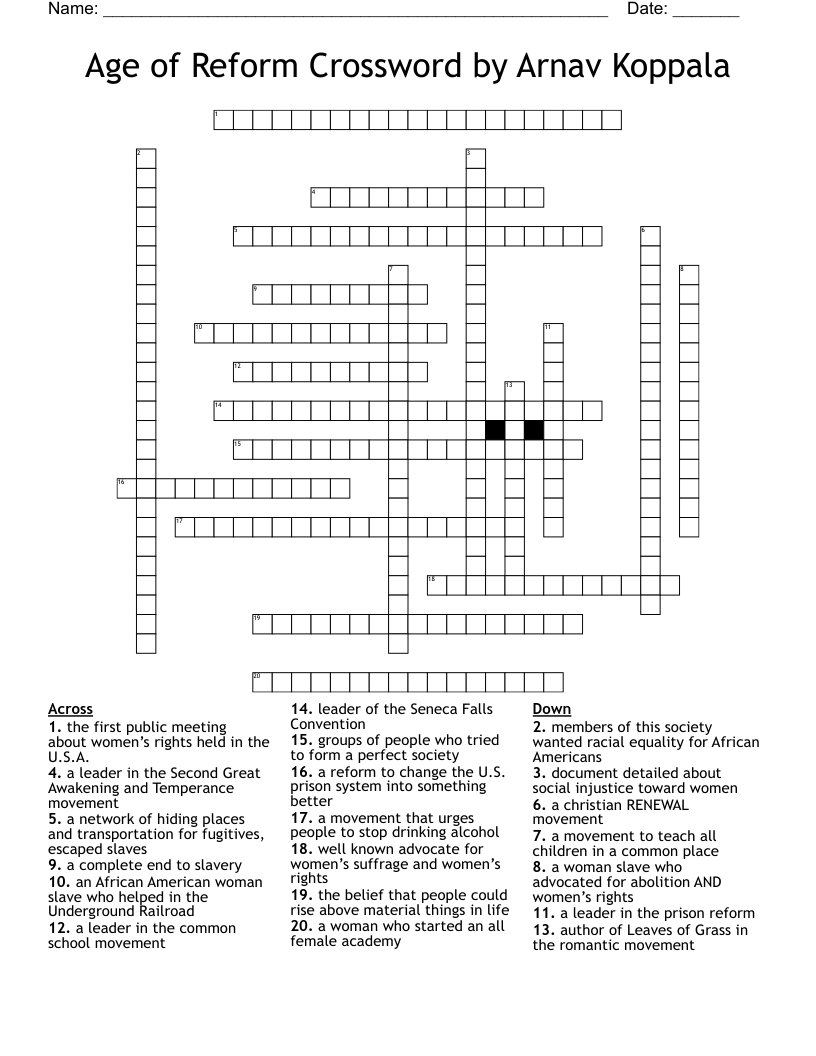 Age of Reform Crossword by Arnav Koppala