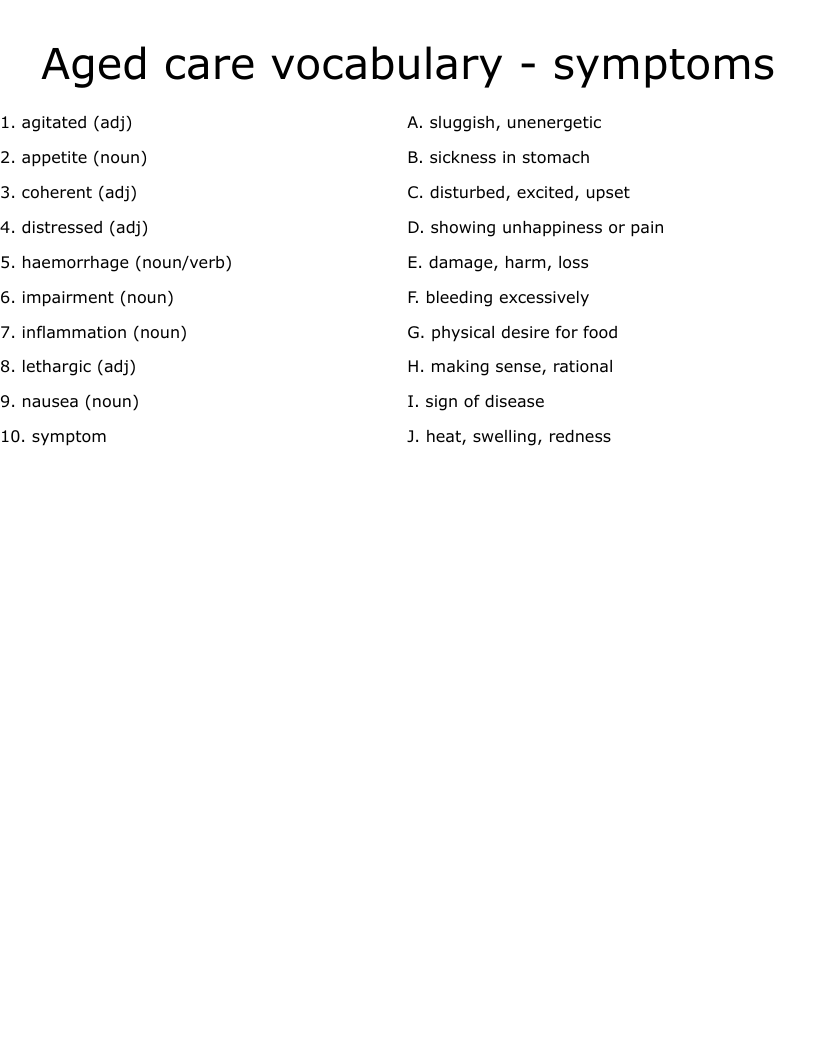 Aged care vocabulary - symptoms Worksheet