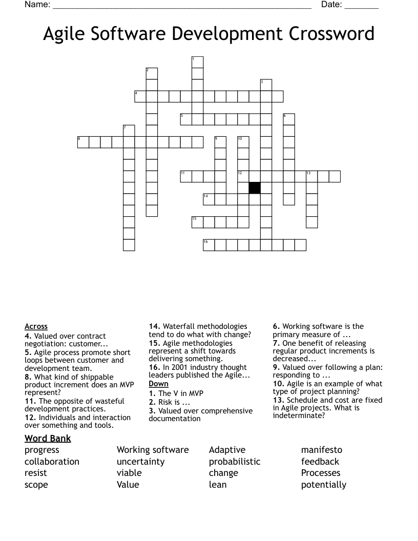 Agile Software Development Crossword