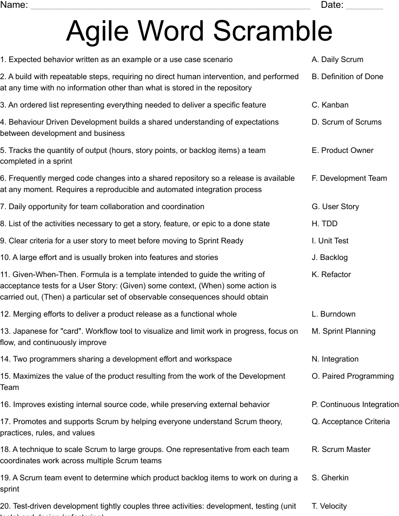 Agile Word Scramble Worksheet