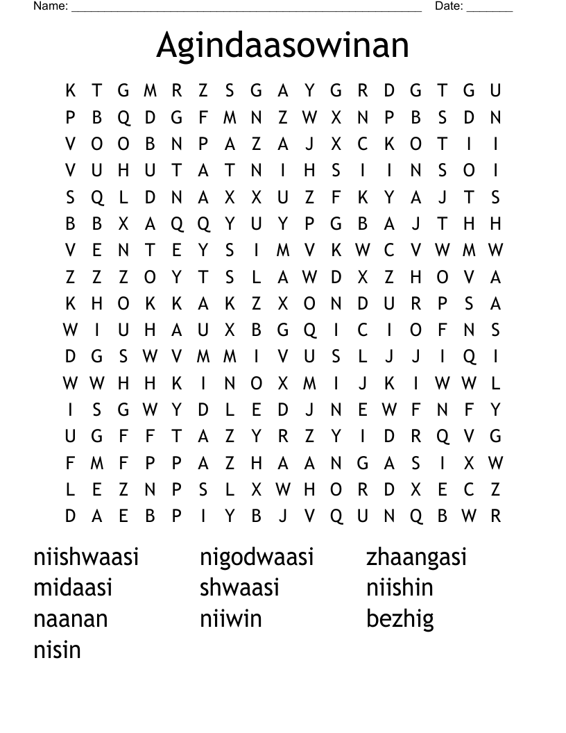 Agindaasowinan Word Search