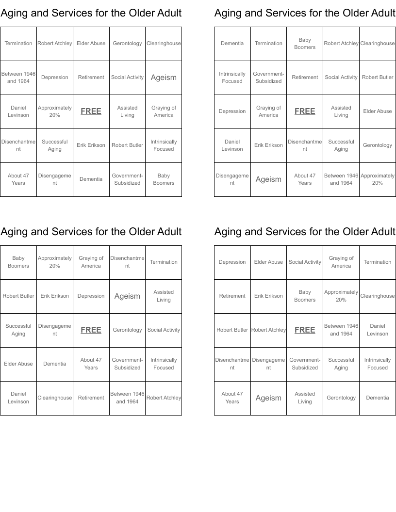 Aging and Services for the Older Adult Bingo Cards
