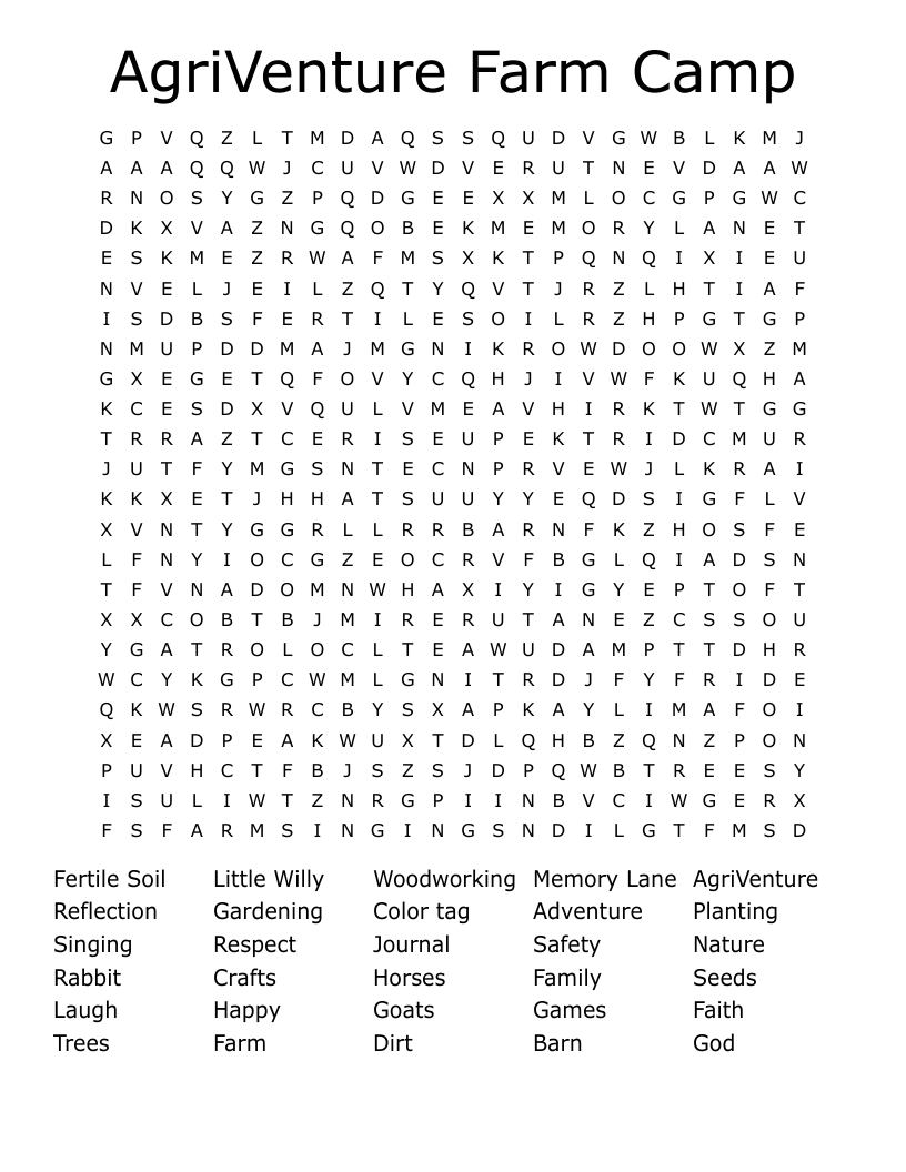AgriVenture Farm Camp Word Search