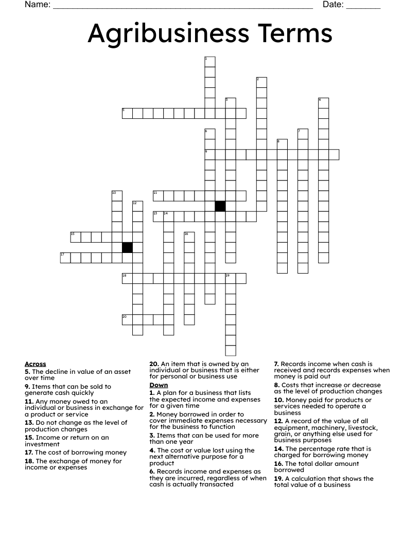 Agribusiness Terms Crossword