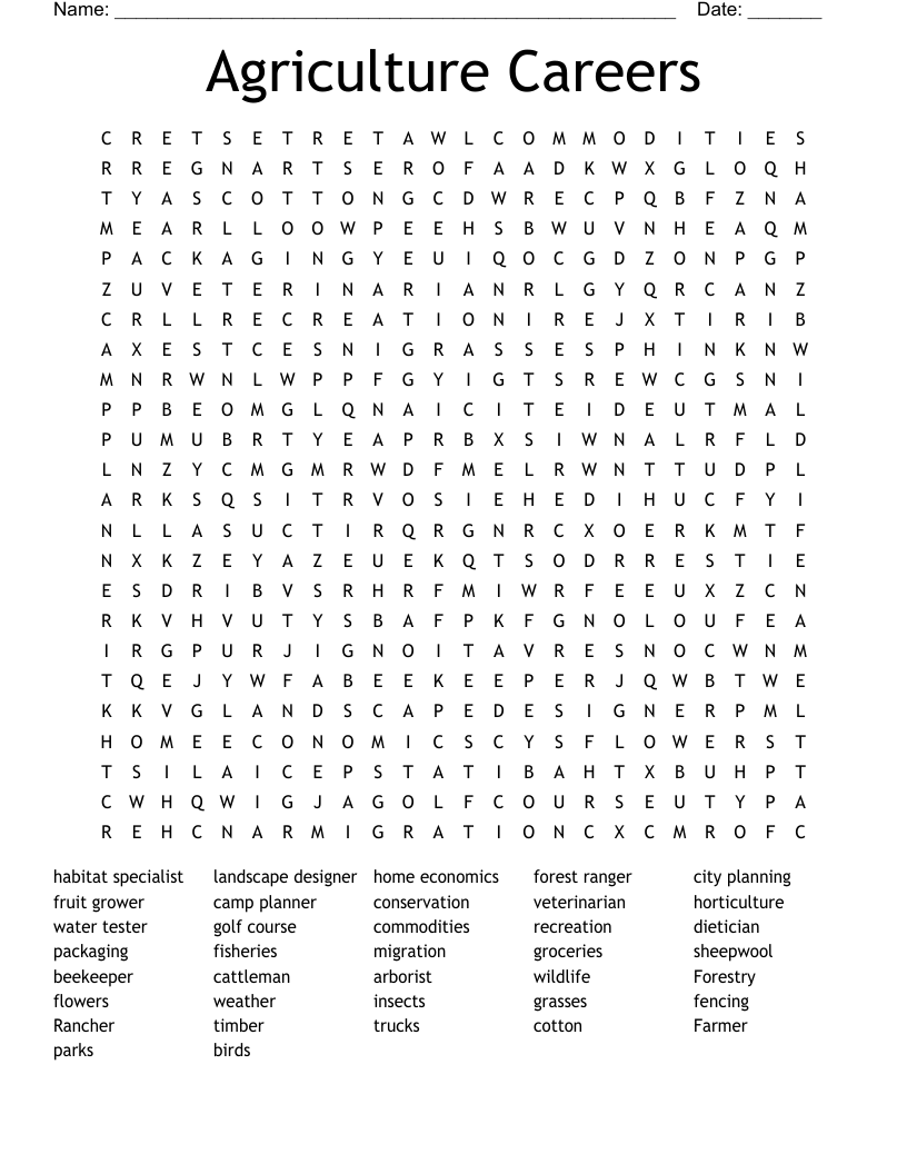 Agriculture Careers Word Search