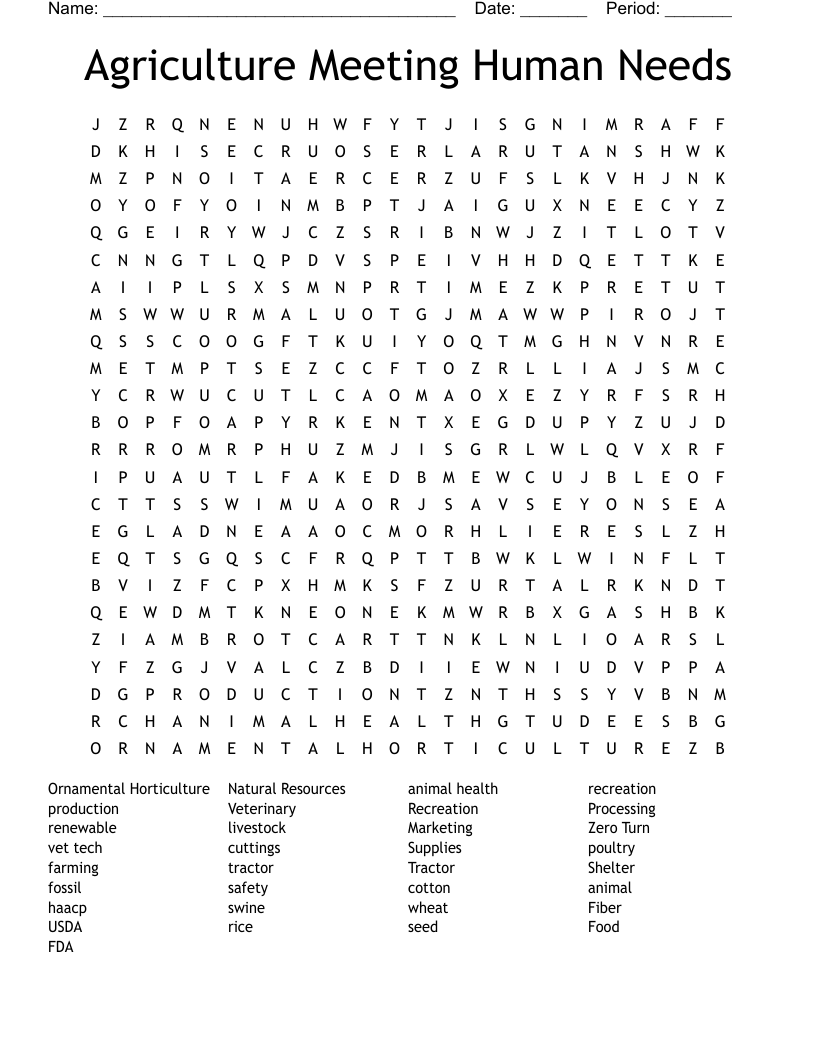 Agriculture Meeting Human Needs Word Search