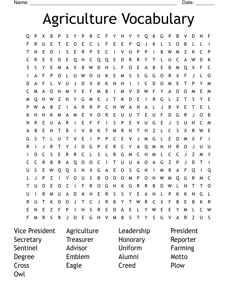 Agriculture Vocabulary Word Search