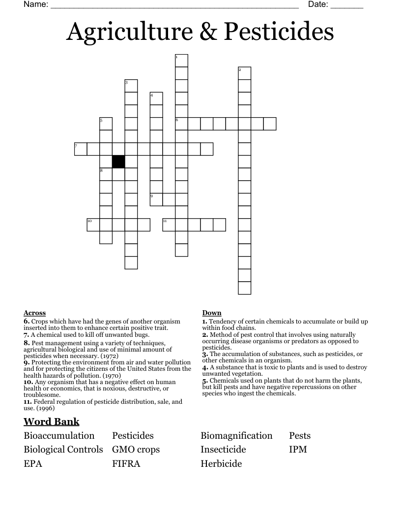 Agriculture & Pesticides Crossword