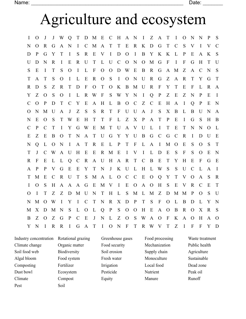 Agriculture and ecosystem Word Search