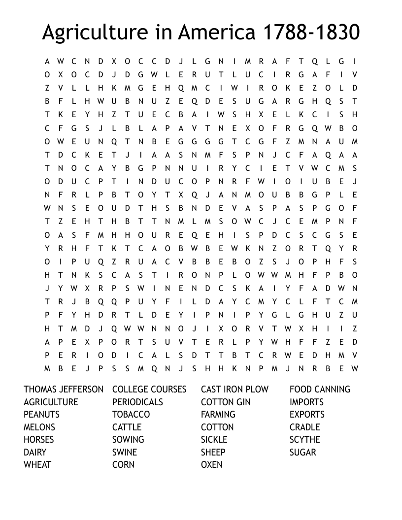 Agriculture in America 1788-1830 Word Search