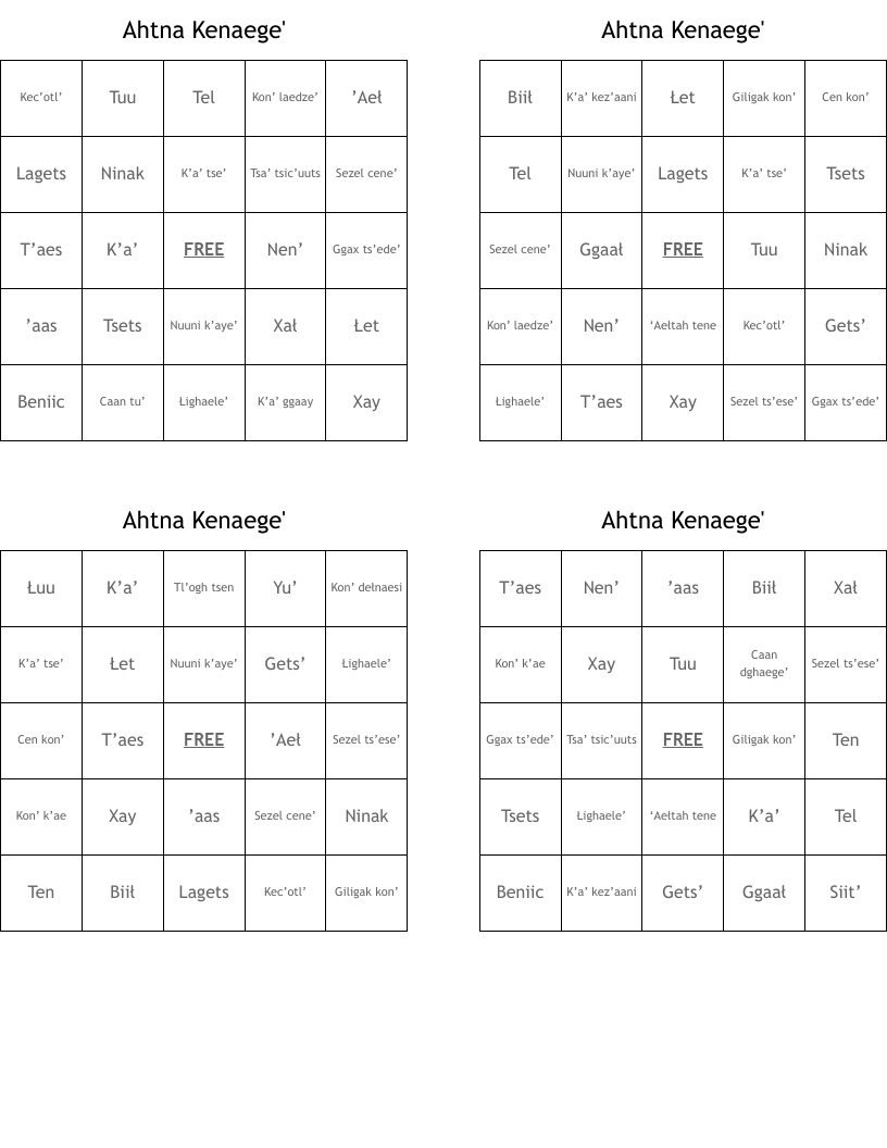 Ahtna Kenaege' Bingo Cards