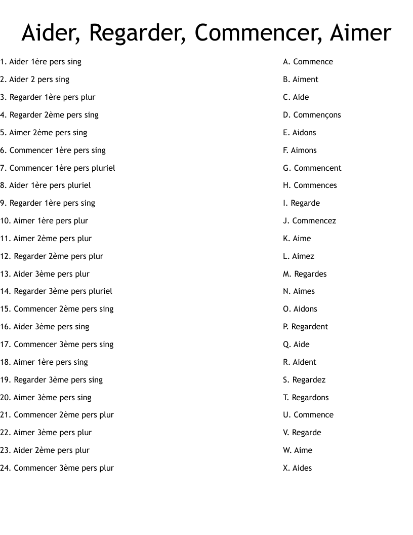 Aider, Regarder, Commencer, Aimer Worksheet