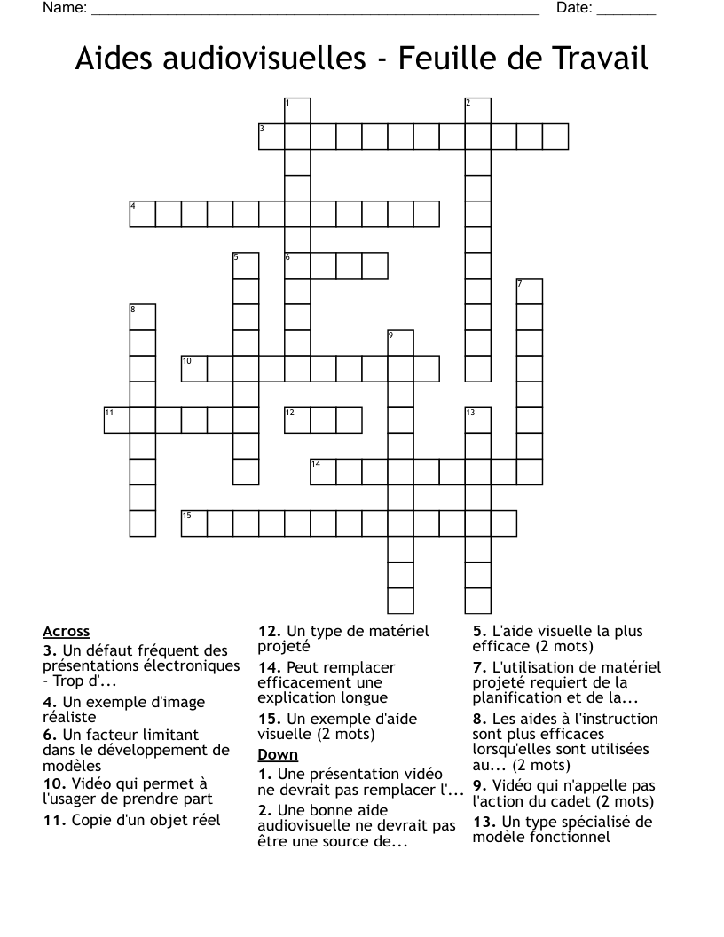 Aides audiovisuelles - Feuille de Travail Crossword