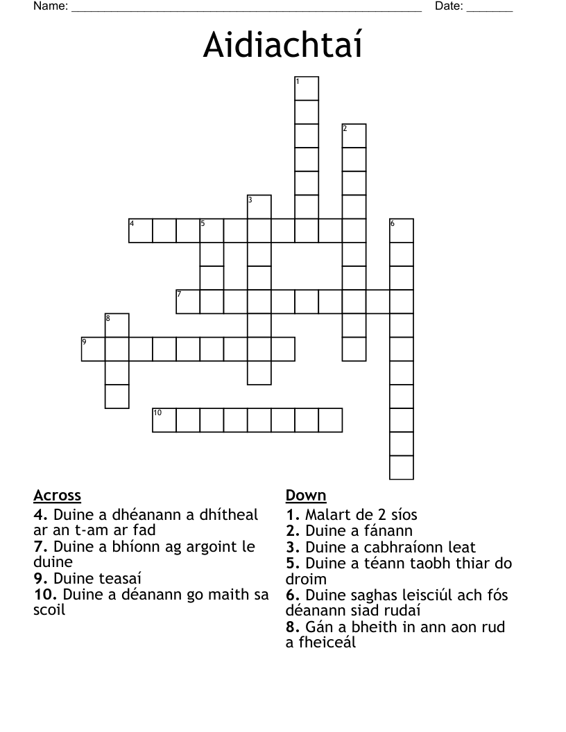 Aidiachtaí Crossword