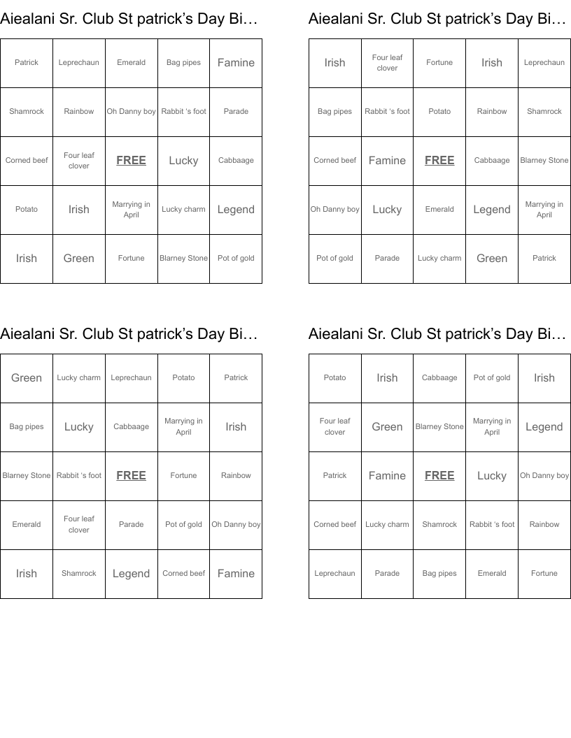 Aiealani Sr. Club St patrick’s Day Bingo