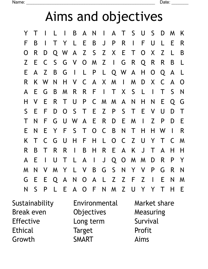 Aims and objectives Word Search