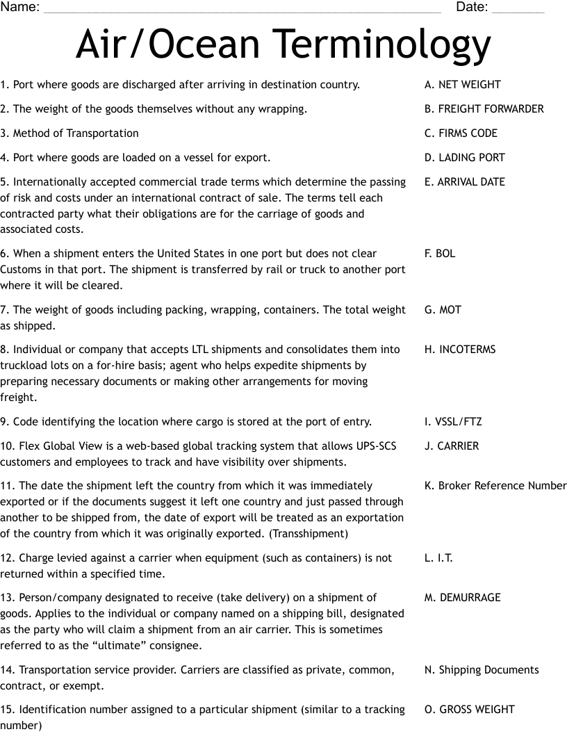 Air/Ocean Terminology Worksheet