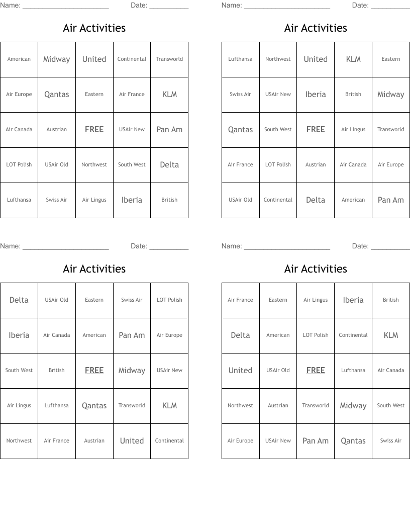 Air Activities Bingo Cards