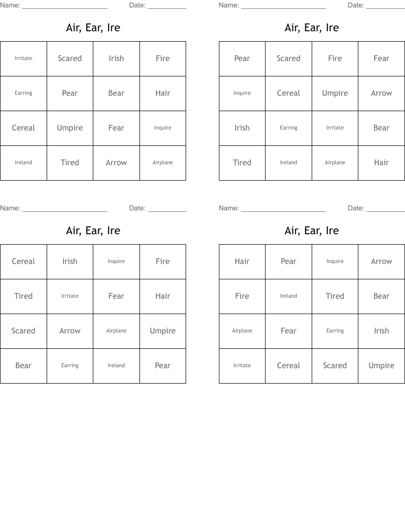 Air, Ear, Ire Bingo Cards