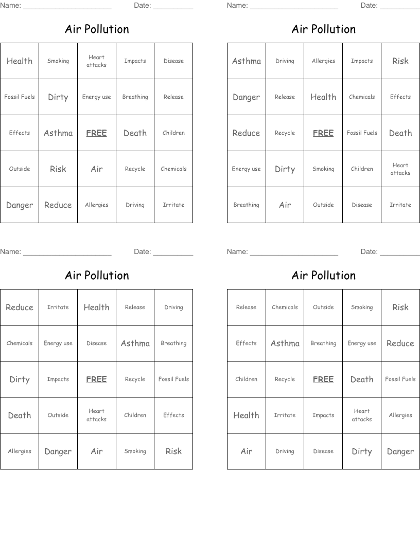 Air Pollution  Bingo Cards