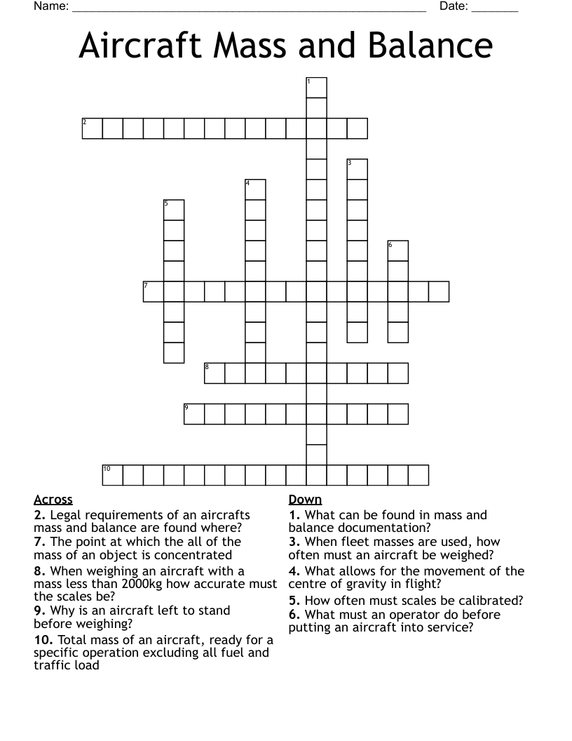 Aircraft Mass and Balance Crossword