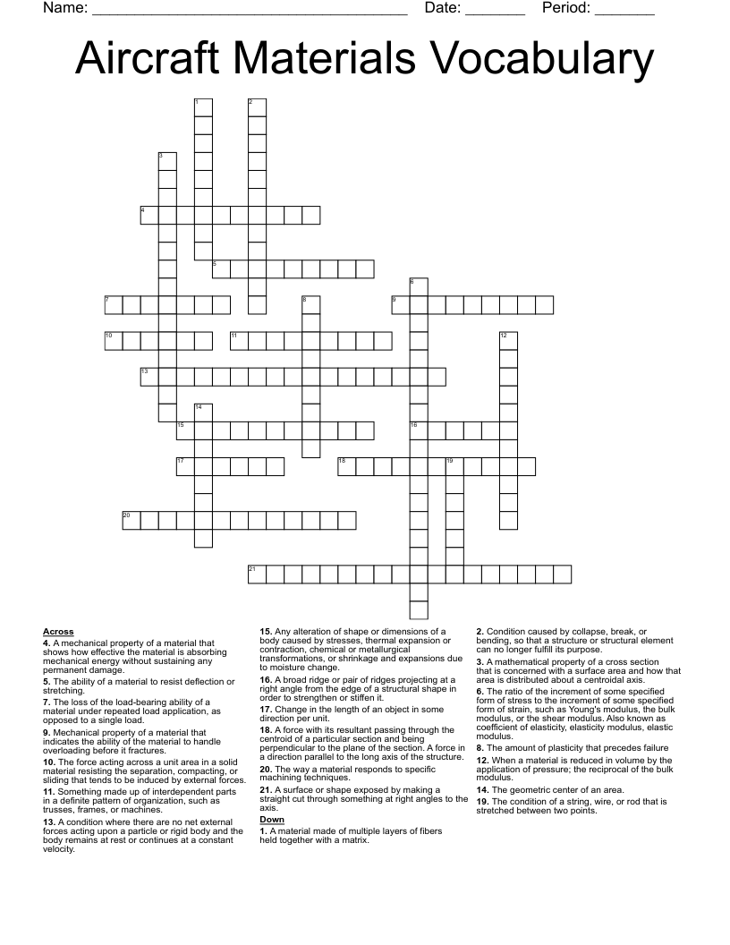Aircraft Materials Vocabulary Crossword