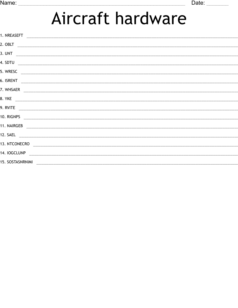 Aircraft hardware Word Scramble