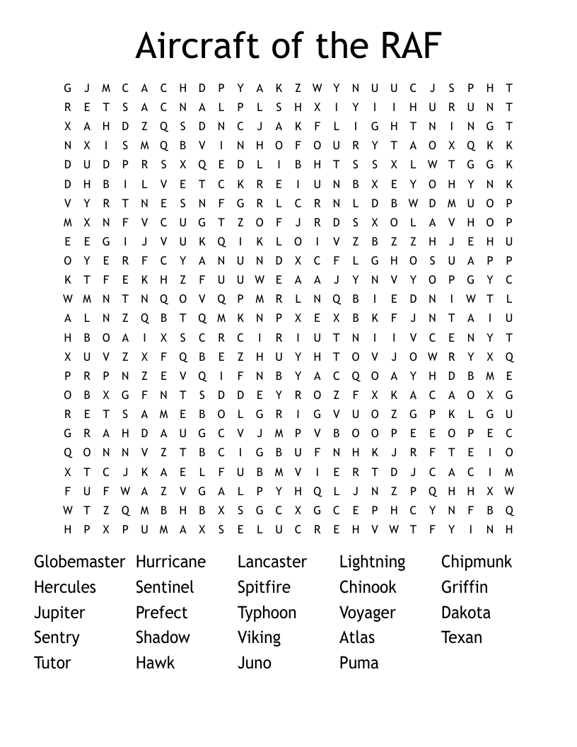 Aircraft of the RAF Word Search