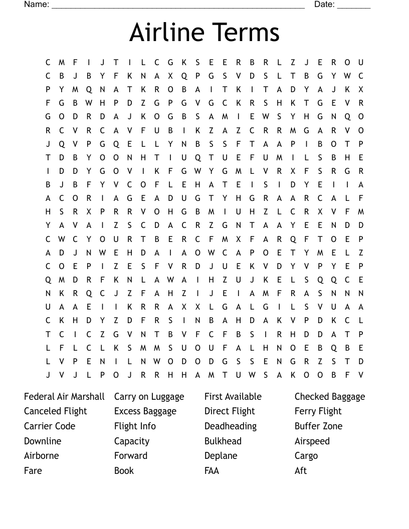 Airline Terms Word Search