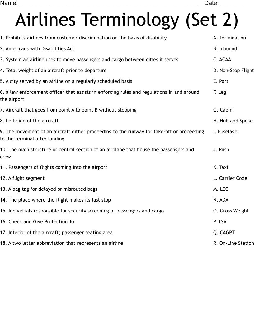 Airlines Terminology (Set 2) Worksheet