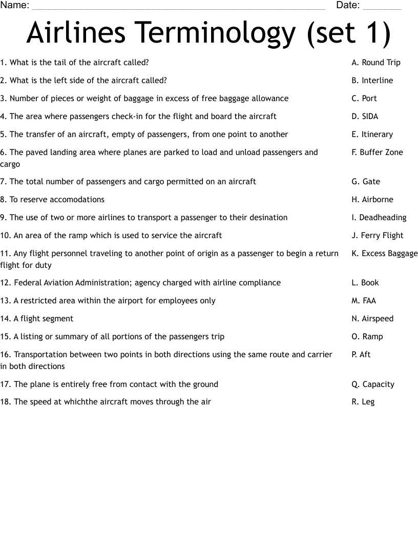 Airlines Terminology (set 1) Worksheet