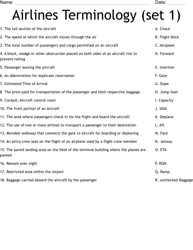 Airlines Terminology (set 1) Worksheet