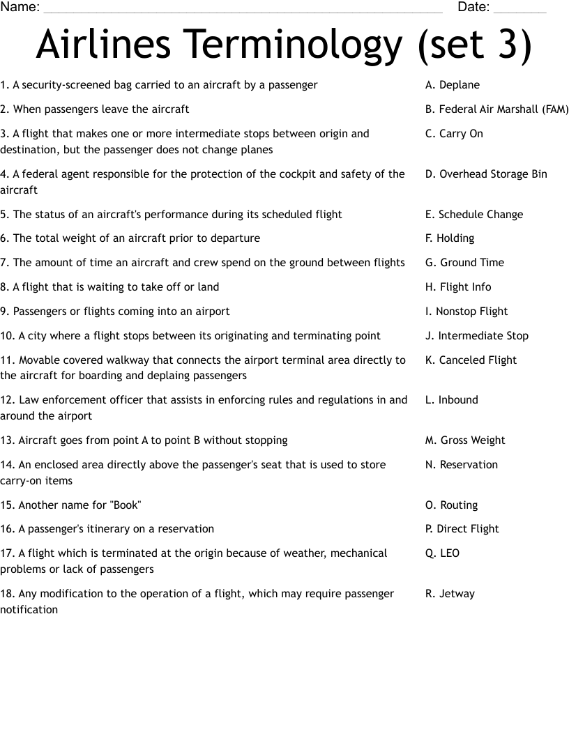 Airlines Terminology (set 3) Worksheet