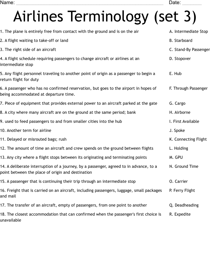 Airlines Terminology (set 3) Worksheet